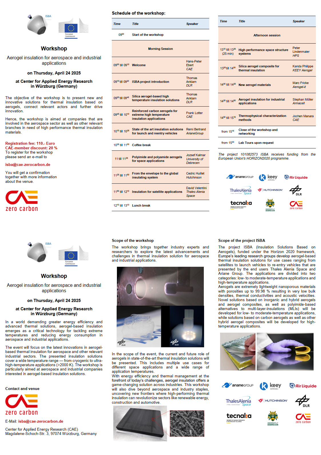 Flyer of the Workshop on Aerogel Insulation for Aerospace and industrial applications on Thrusday 24th 2025